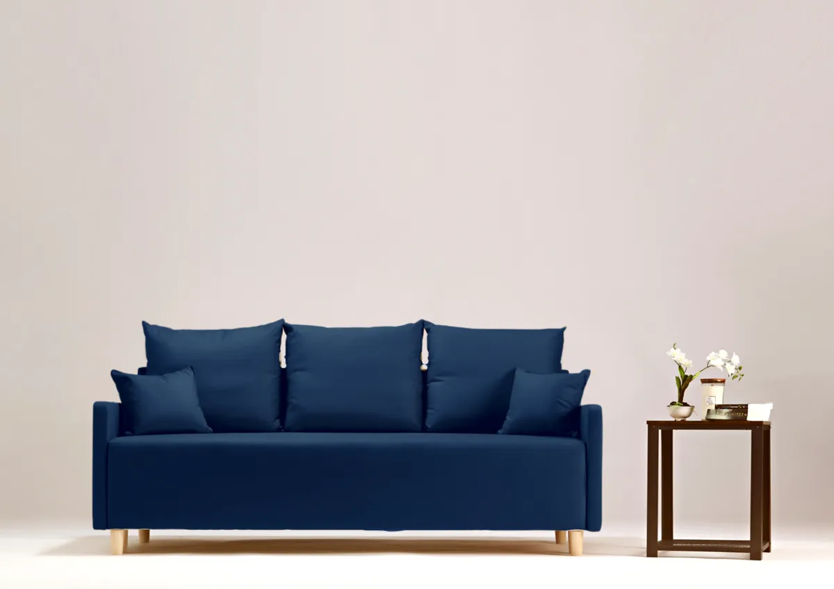 Sofa granatowa ROSA trzyosobowa z funkcją spania 198 cm: Granatowa sofa ROSA w skandynawskim stylu
