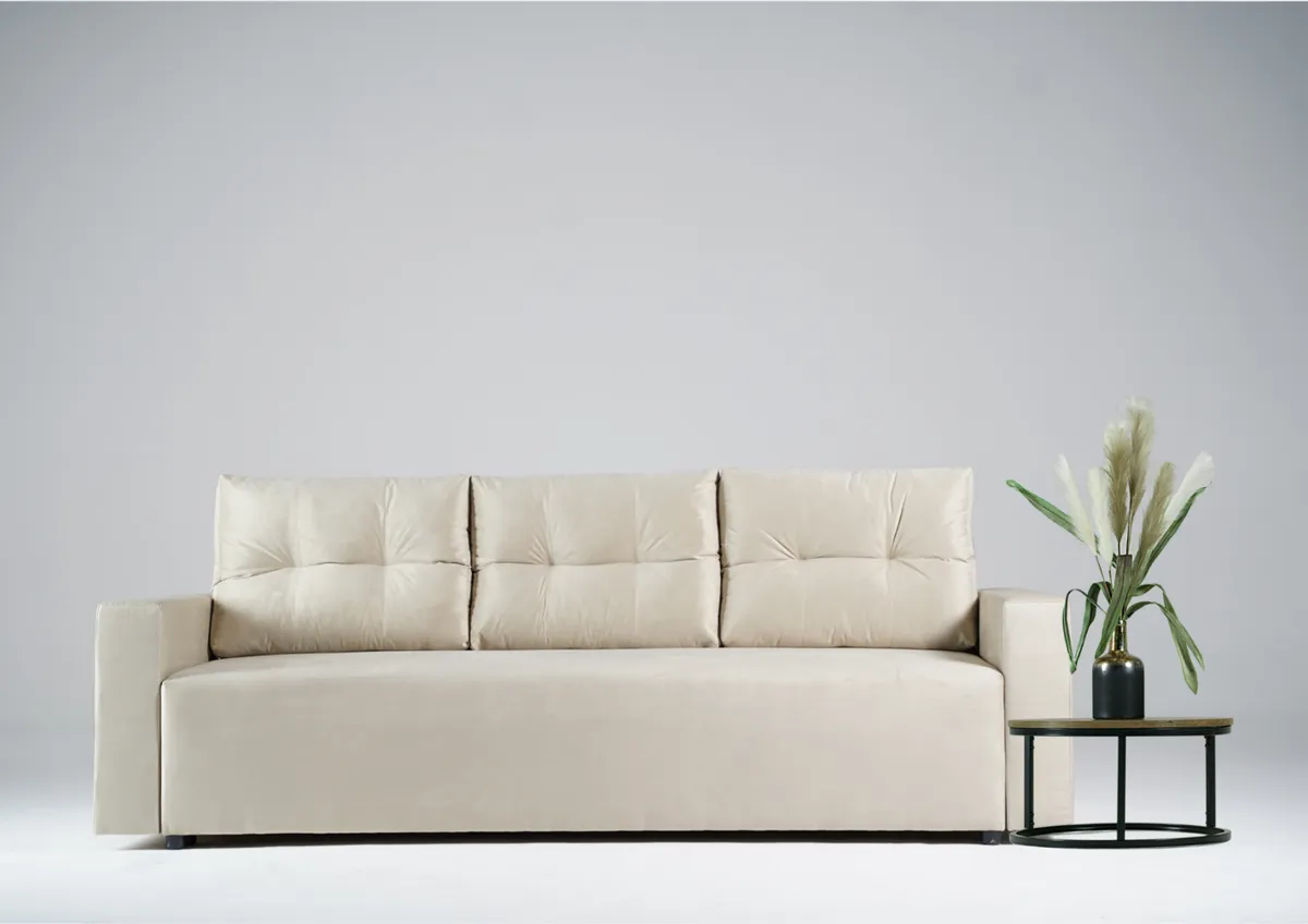 Sofa beżowa BONO trzyosobowa z funkcją spania 215 cm: Beżowa sofa BONO w klasycznym wydaniu