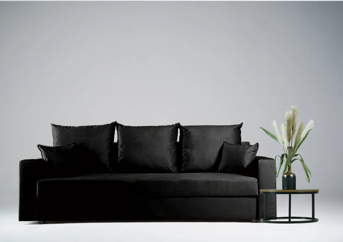 Sofa czarna ARLO trzyosobowa z funkcją spania 215 cm: Czarna sofa ARLO z funkcją spania