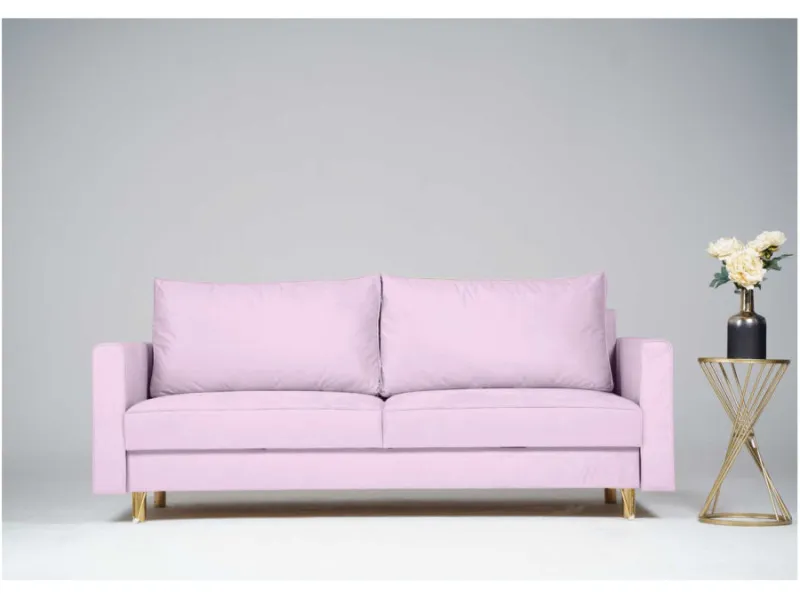 Sofa różowa DES trzyosobowa z funkcją spania 215 cm: Różowa sofa DES i złote nogi