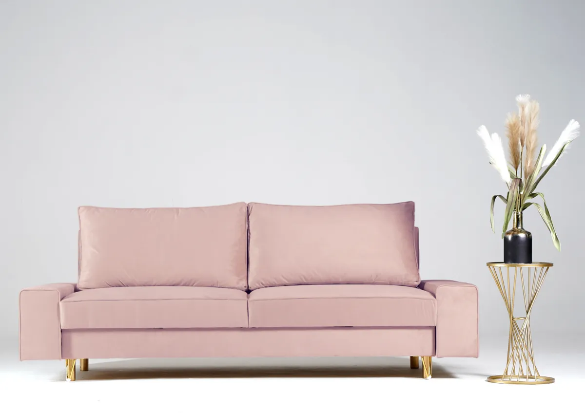 Sofa różowa STINO trzyosobowa z funkcją spania 230 cm: Różowa sofa STINO na złotych nogach
