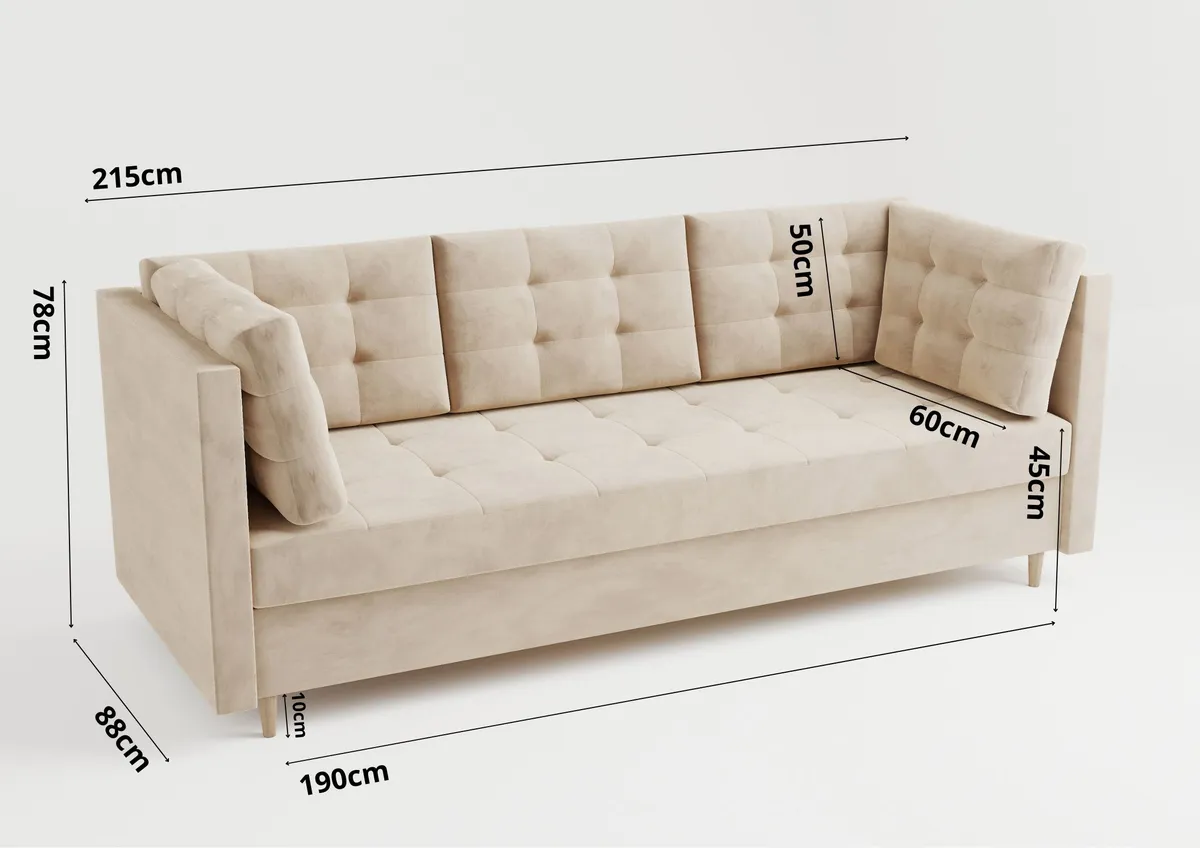 Sofa grafitowa PREGO z funkcją spania 215 cm: Sofa PREGO: wymiary i głębokość do rozłożenia