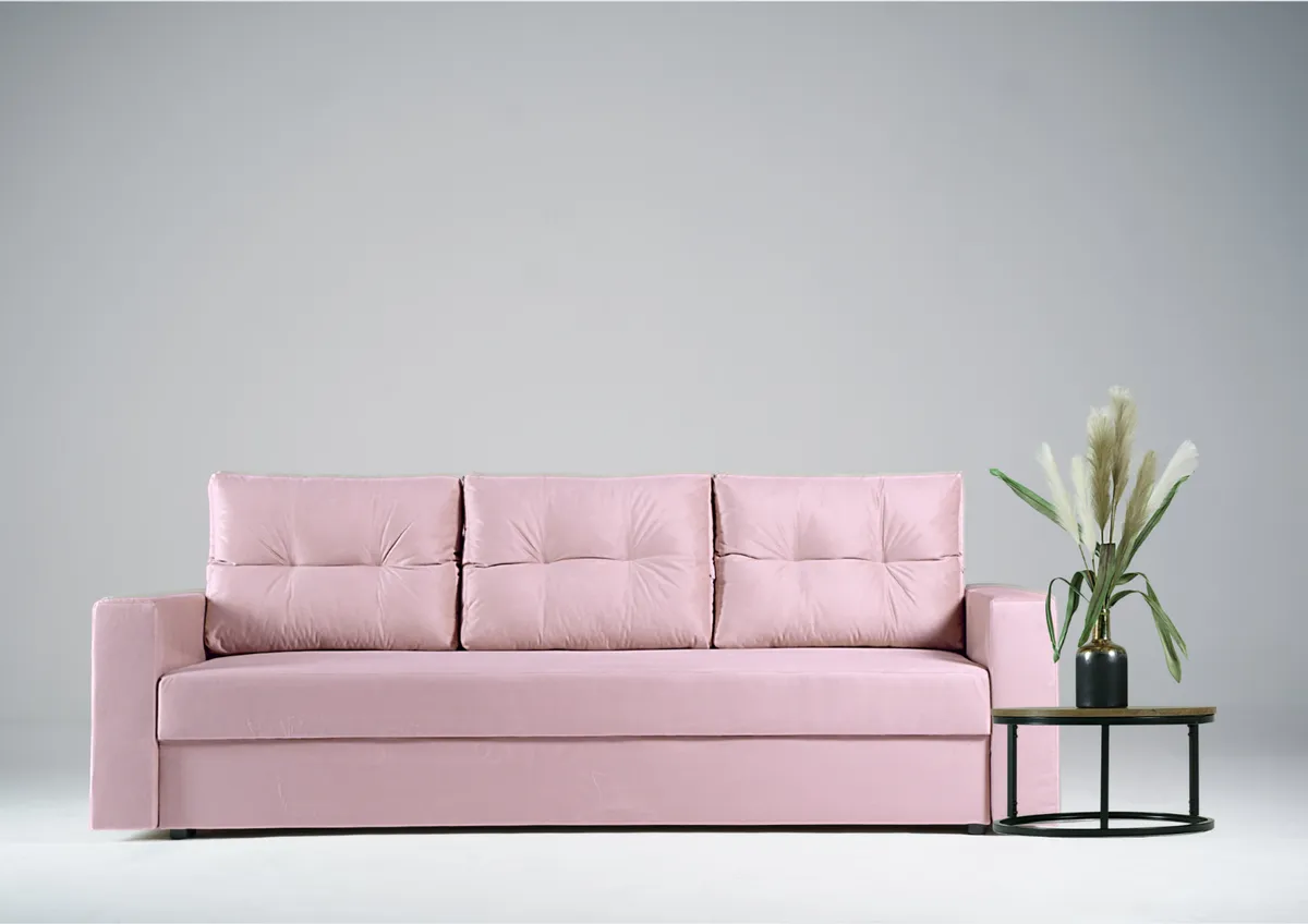 Sofa różowa BORA trzyosobowa z funkcją spania 215 cm: Różowa sofa BORA do małego wnętrza