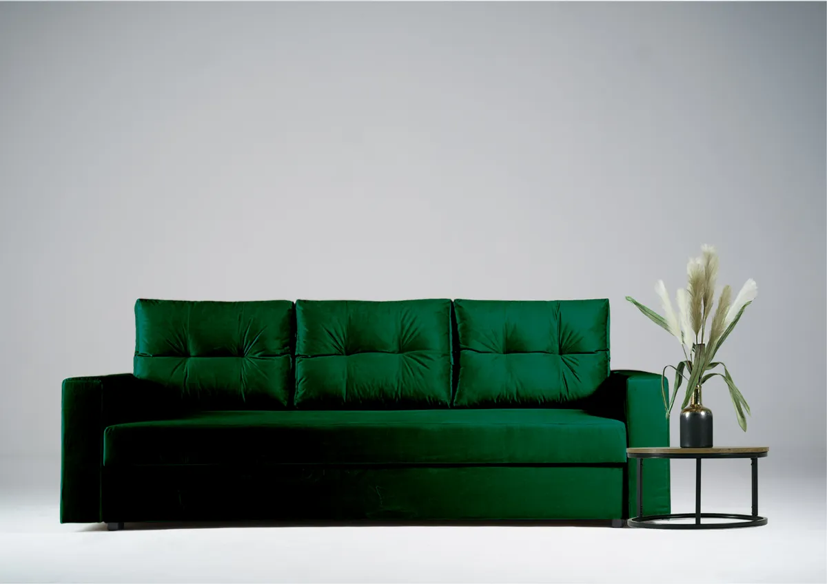Sofa zielona BORA trzyosobowa z funkcją spania 215 cm: Zielona sofa BORA do małego wnętrza