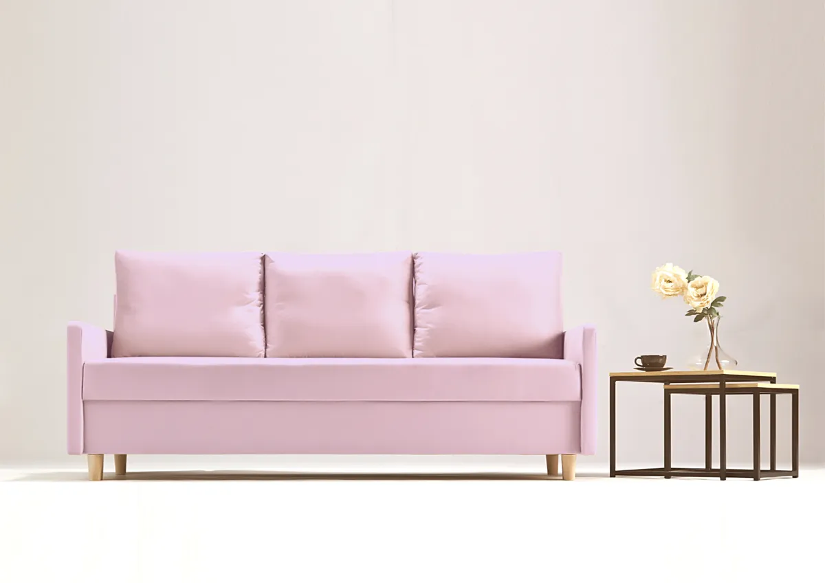 Sofa różowa AROSA trzyosobowa z funkcją spania 198 cm: Różowa sofa AROSA w stylu skandynawskim