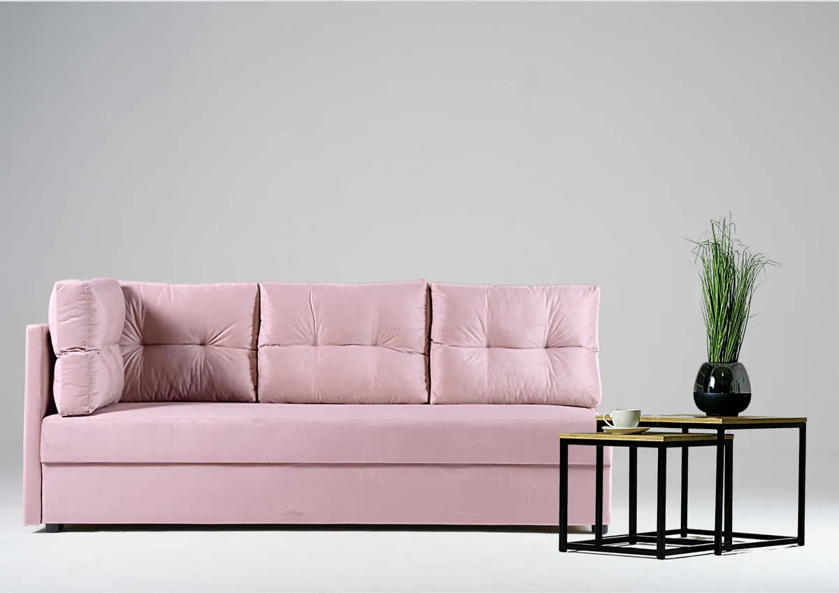 Sofa różowa MALA lewa trzyosobowa z funkcją spania 198 cm: Różowa sofa MALA lewa z funkcją spania