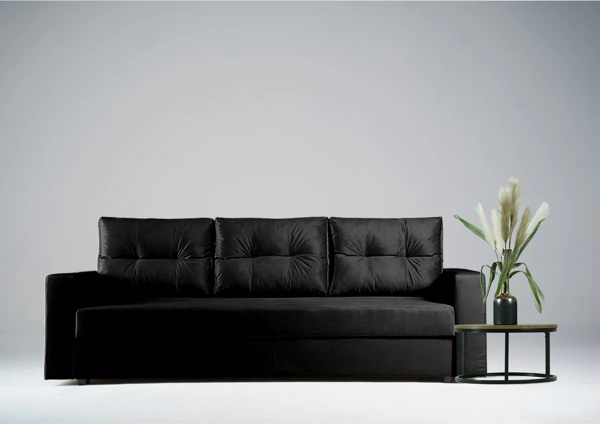 Sofa czarna BORA trzyosobowa z funkcją spania 215 cm: Czarna sofa BORA do małego wnętrza