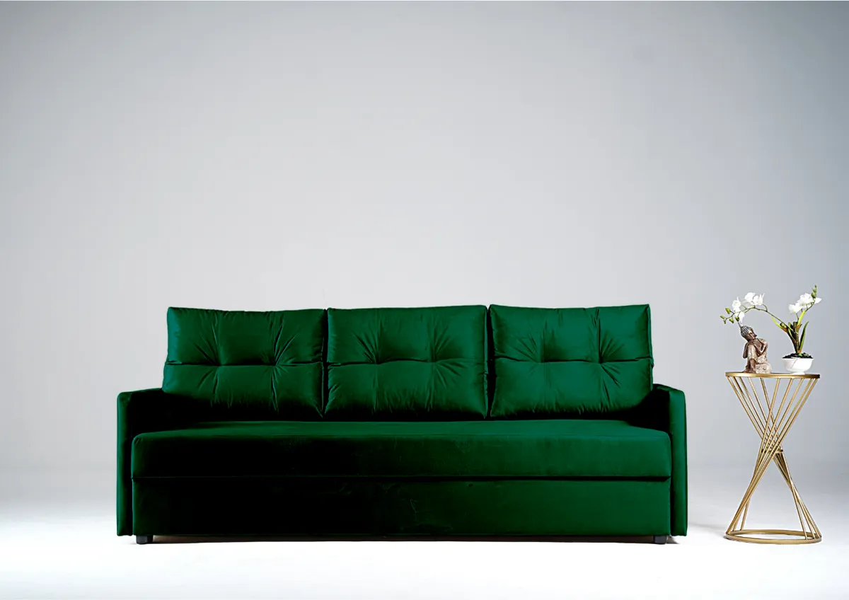 Sofa zielona BONA trzyosobowa z funkcją spania 198 cm: Zielona sofa BONA z funkcją spania