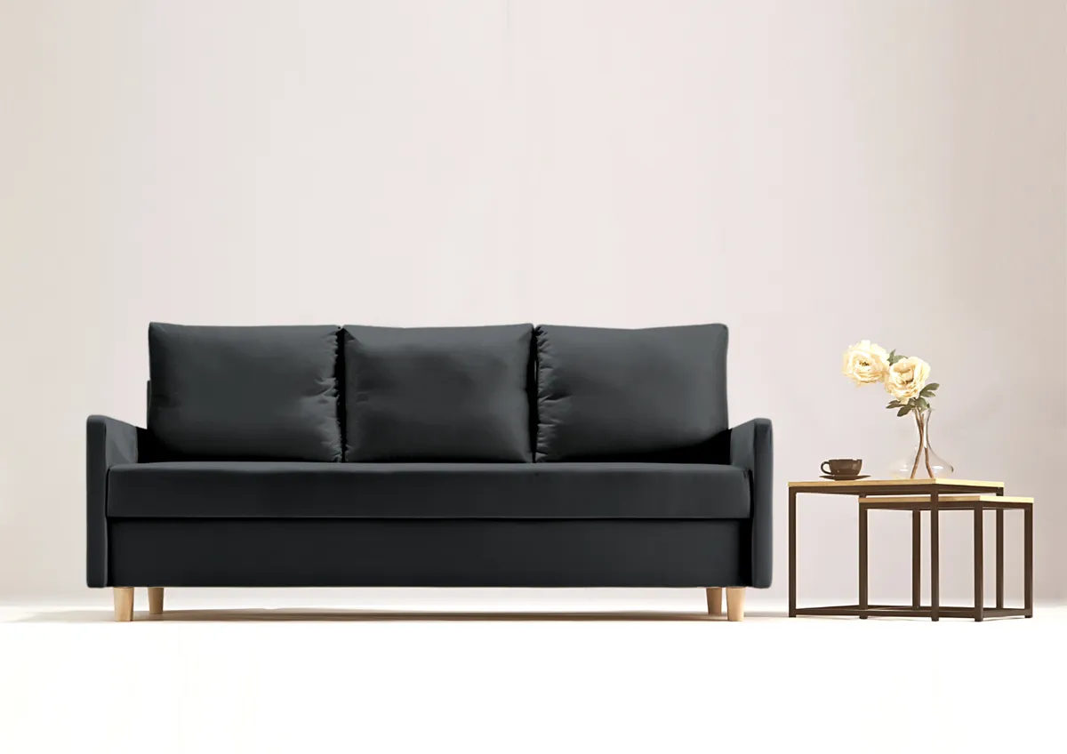 Sofa czarna AROSA trzyosobowa z funkcją spania 198 cm: Czarna sofa AROSA w stylu skandynawskim