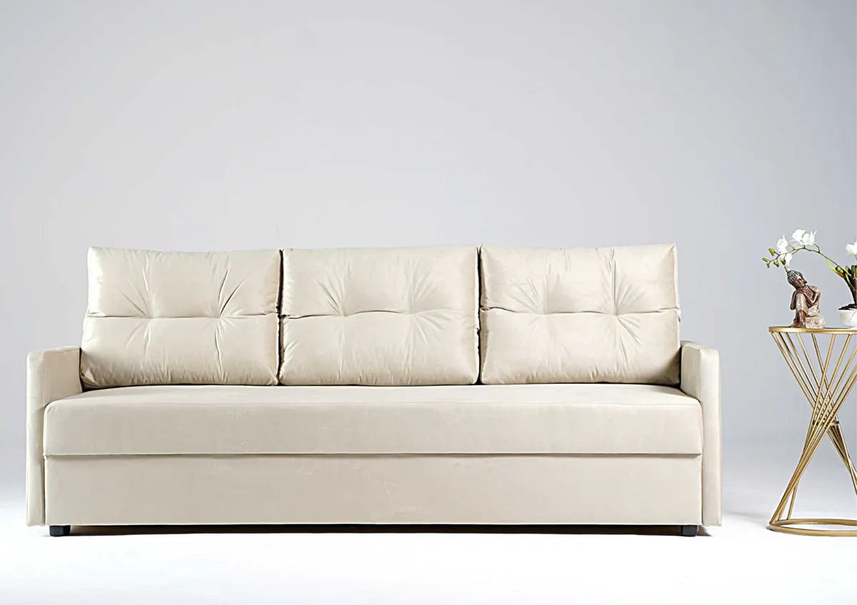 Sofa beżowa BONA trzyosobowa z funkcją spania 198 cm: Beżowa sofa BONA z funkcją spania