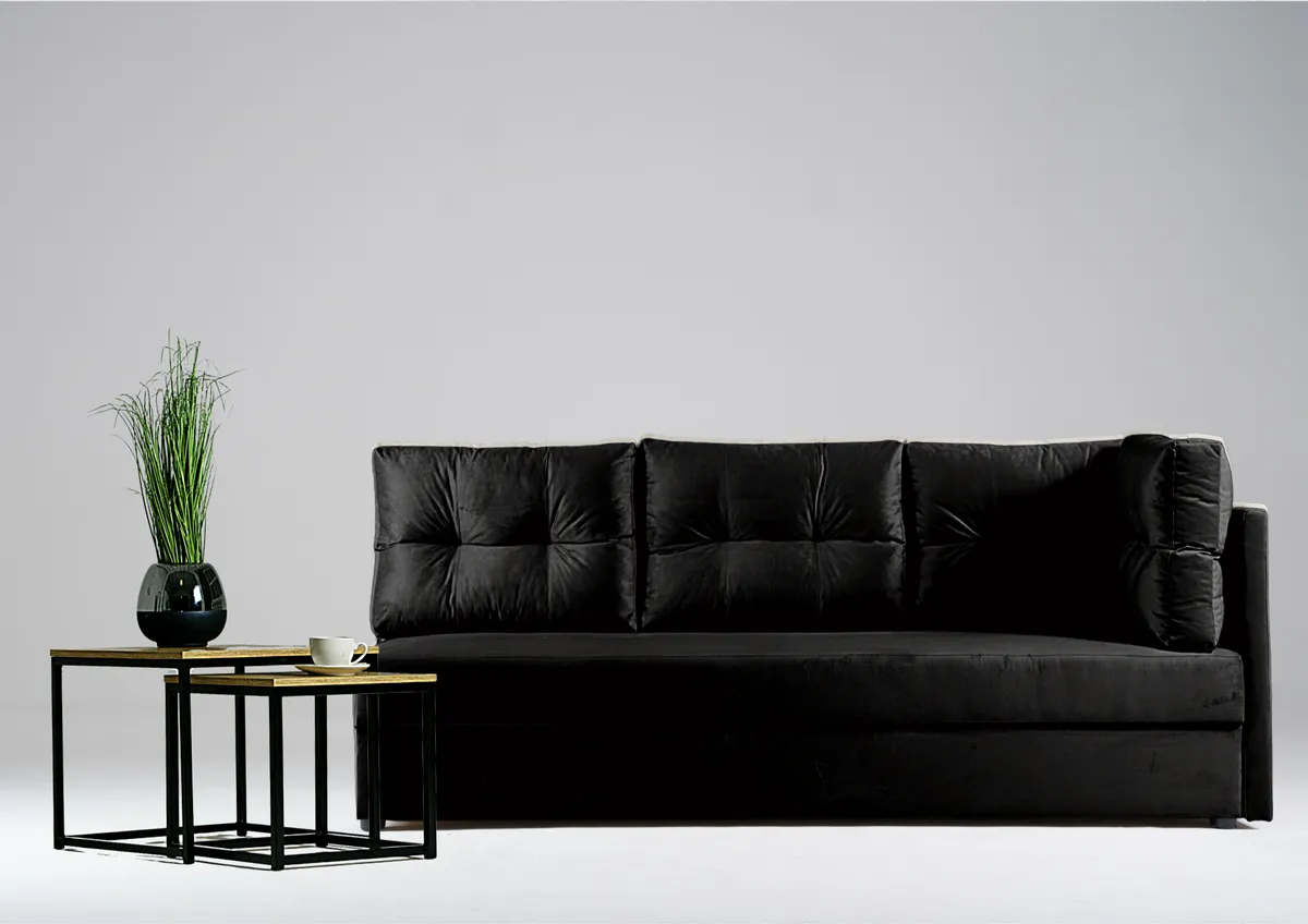 Sofa czarna MALA prawa trzyosobowa z funkcją spania 198 cm: Czarna sofa MALA prawa z funkcją spania