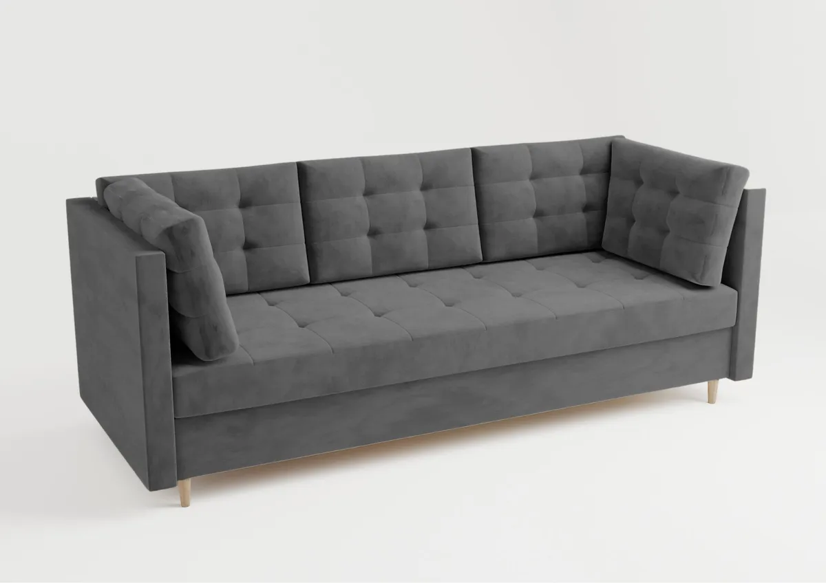 Sofa szara PREGO z funkcją spania 215 cm: Szara sofa PREGO z pikowaniem