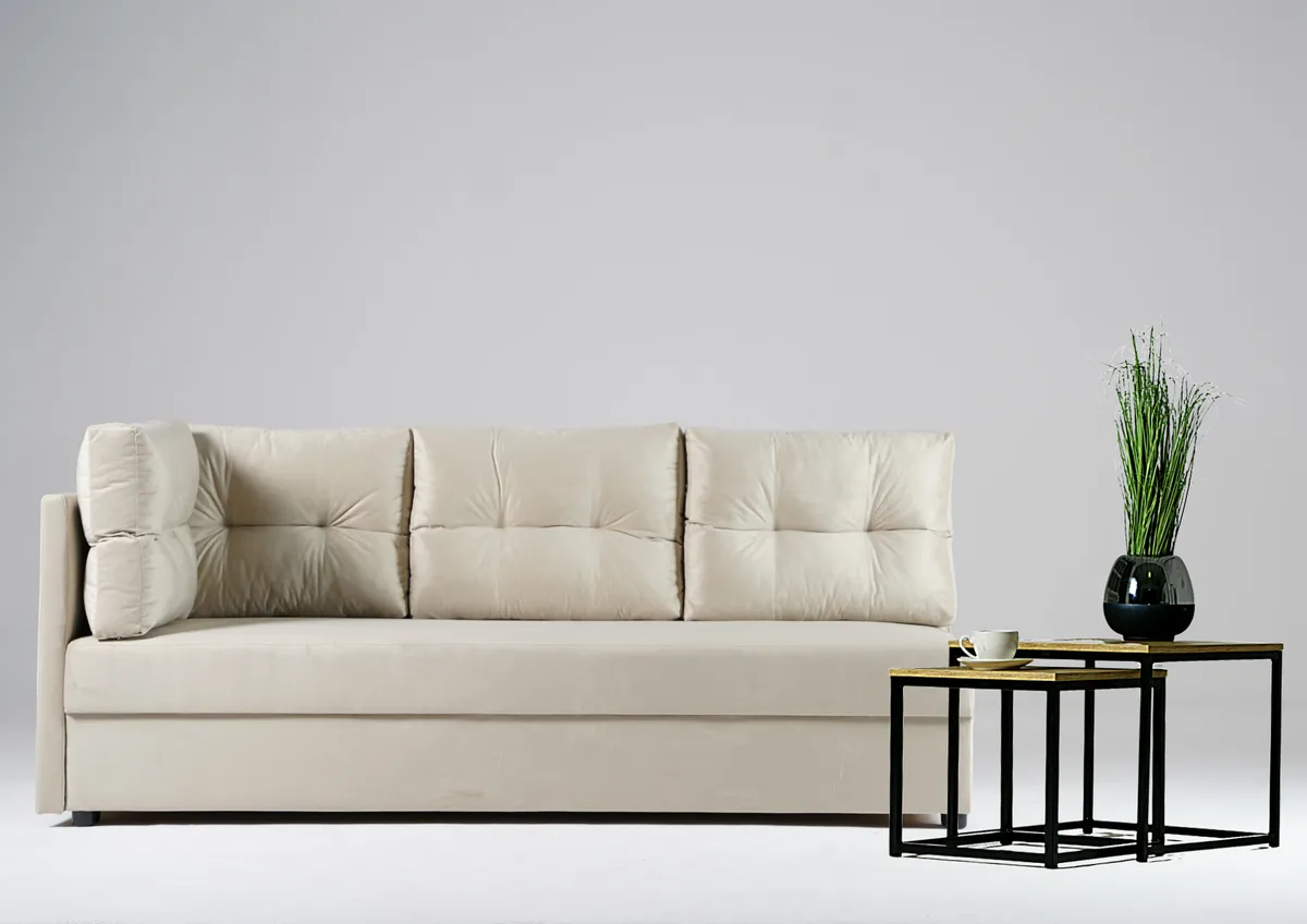 Sofa beżowa MALA lewa trzyosobowa z funkcją spania 198 cm: Beżowa sofa MALA lewa z funkcją spania