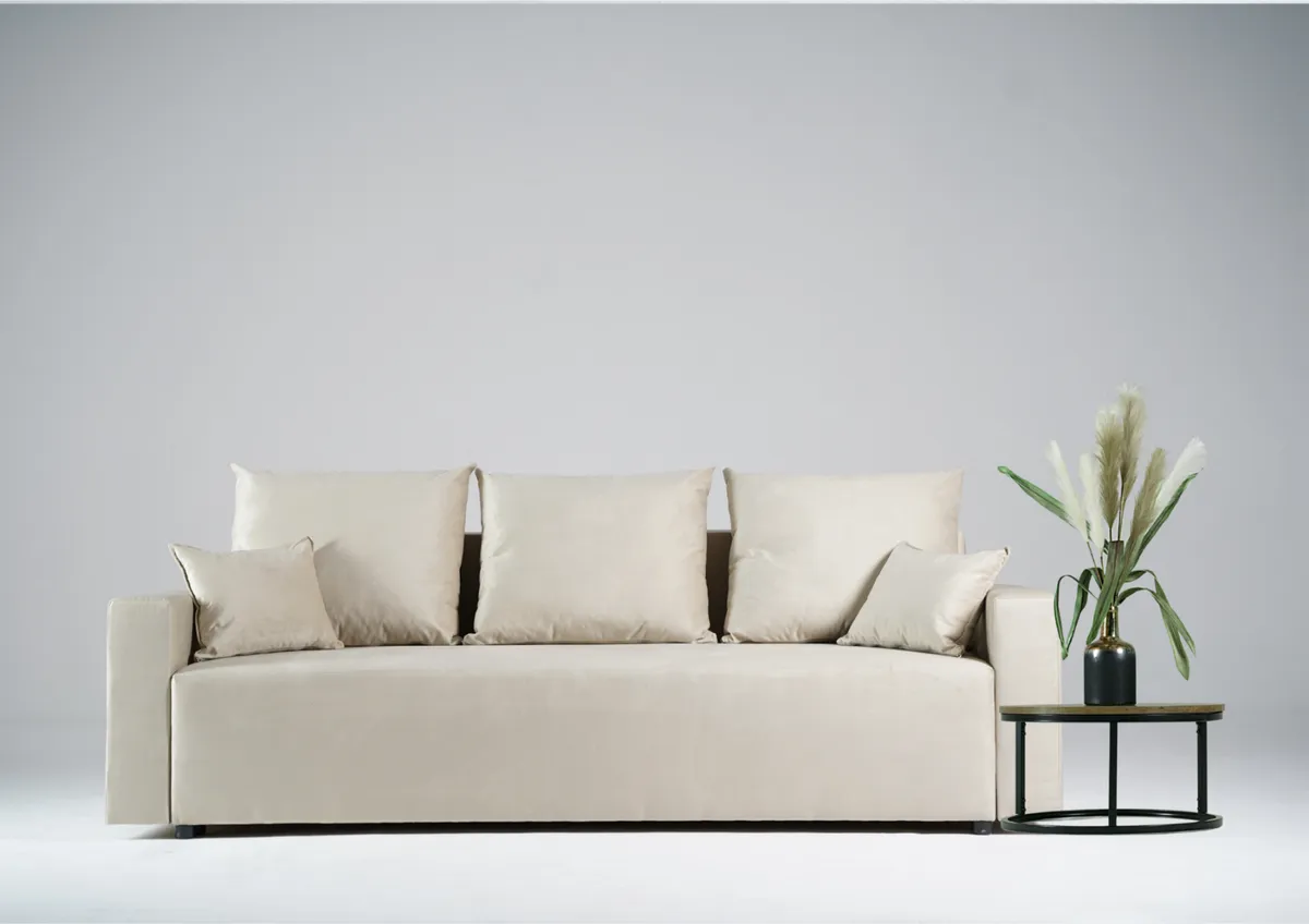 Sofa beżowa LILA trzyosobowa z funkcją spania 202 cm: Beżowa sofa LILA do małego salonu