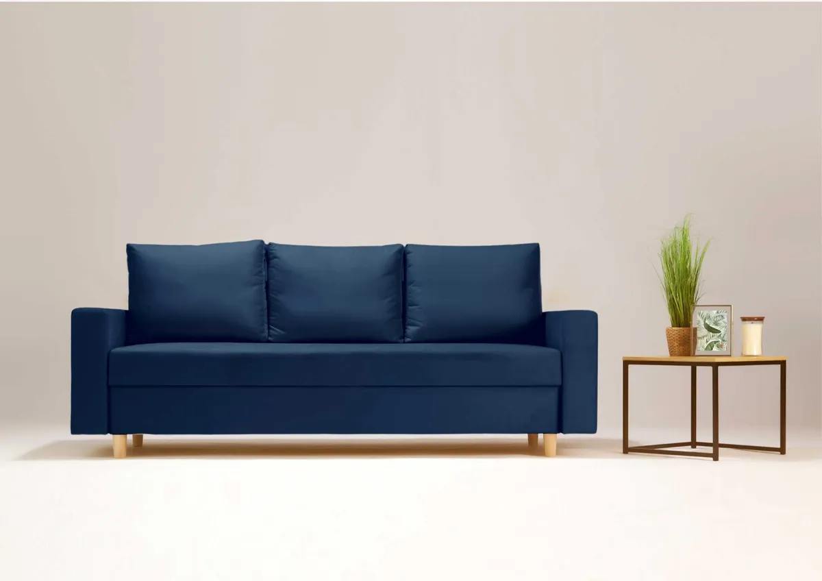 Sofa granatowa BEVER trzyosobowa z funkcją spania 215 cm: Granatowa sofa BEVER z funkcją spania