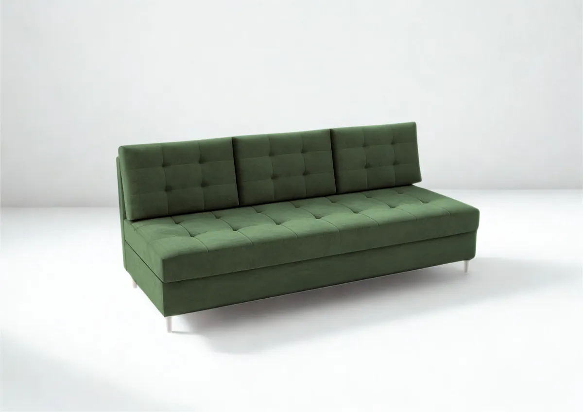 Sofa zielona PERO trzyosobowa z funkcją spania 190 cm: Zielona sofa PERO z pikowanym siedziskiem