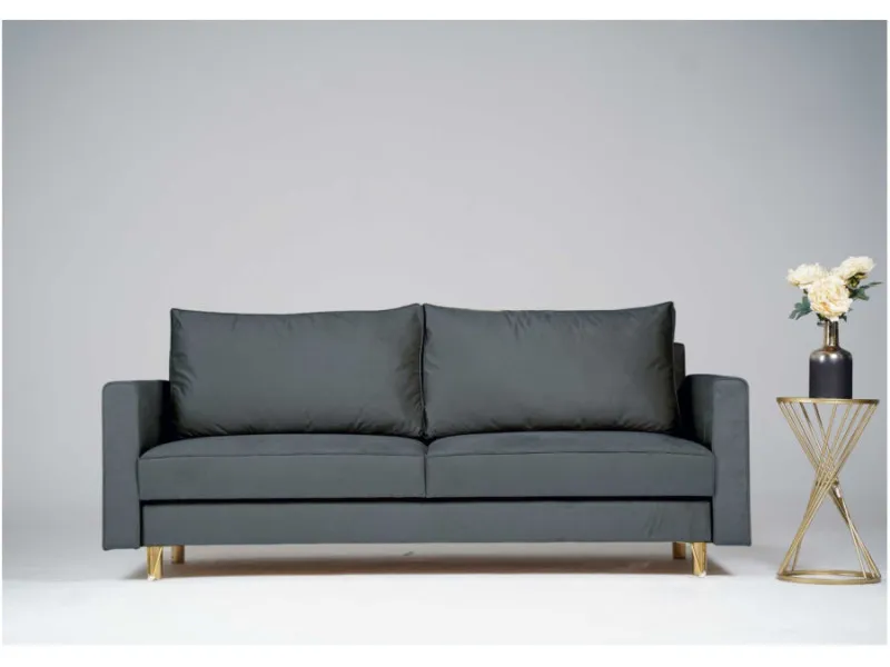 Sofa grafitowa DES trzyosobowa z funkcją spania 215 cm: Grafitowa sofa DES i złote nogi