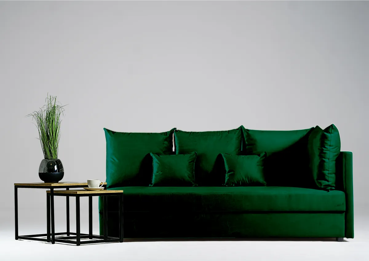 Sofa zielona MOBO prawa trzyosobowa z funkcją spania 198 cm: Zielona sofa MOBO prawa na małą przestrzeń
