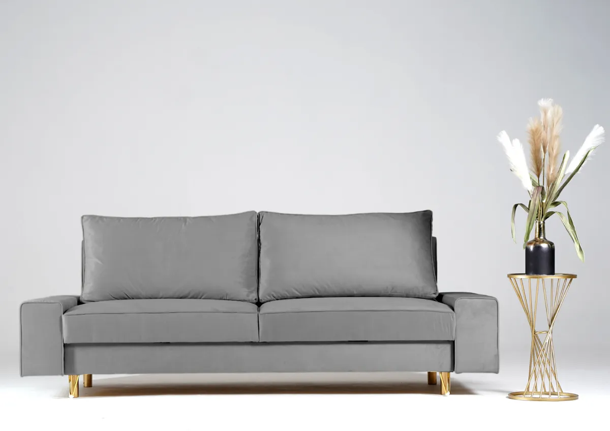 Sofa szara STINO trzyosobowa z funkcją spania 230 cm: Szara sofa STINO na złotych nogach