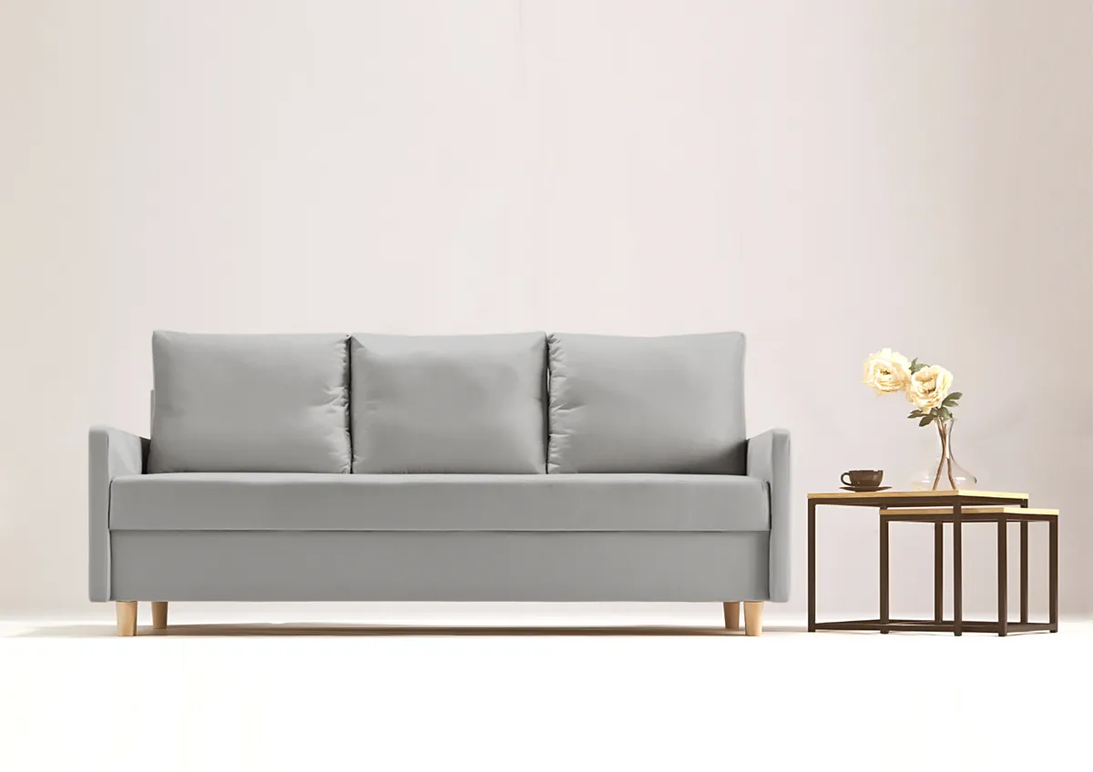 Sofa szara AROSA trzyosobowa z funkcją spania 198 cm: Szara sofa AROSA w stylu skandynawskim