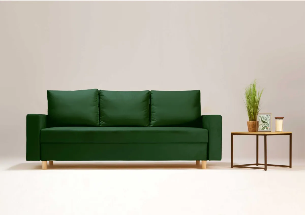 Sofa zielona BEVER trzyosobowa z funkcją spania 215 cm: Zielona sofa BEVER z funkcją spania