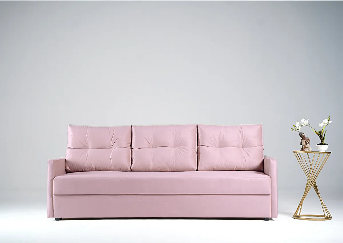 Sofa różowa BONA trzyosobowa z funkcją spania 198 cm: Różowa sofa BONA z funkcją spania