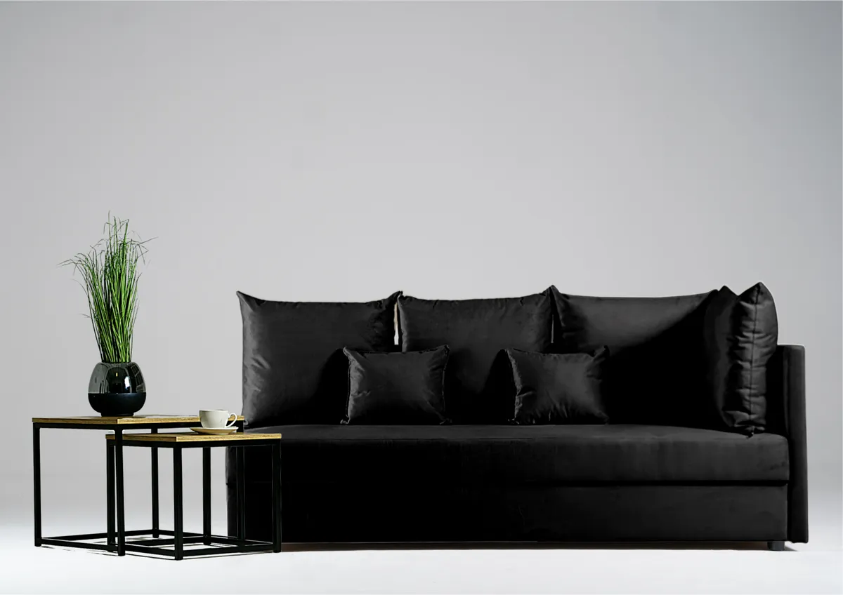 Sofa czarna MOBO prawa trzyosobowa z funkcją spania 198 cm: Czarna sofa MOBO prawa na małą przestrzeń